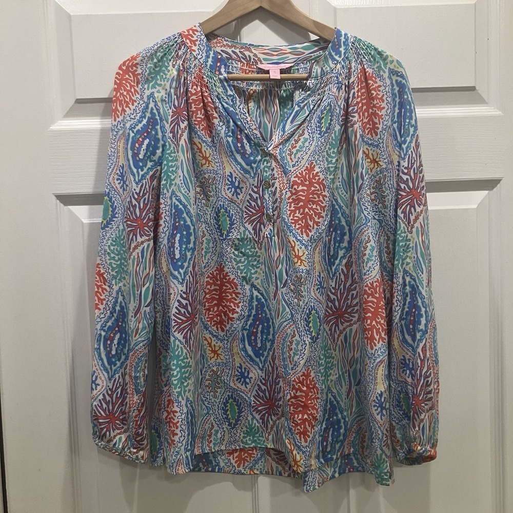 Lilly Pulitzer Elsa‎ Silk Top Size Small Let Minnow Coral Print Blue Long Sleeve - Picture 6 of 10